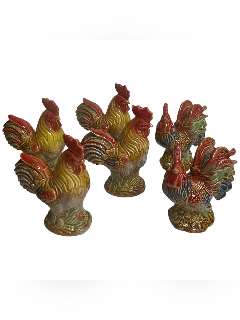 Vintage Roosters Lot Set Of 6 Multicolor Ceramic Chickens Hens Table Home Decor